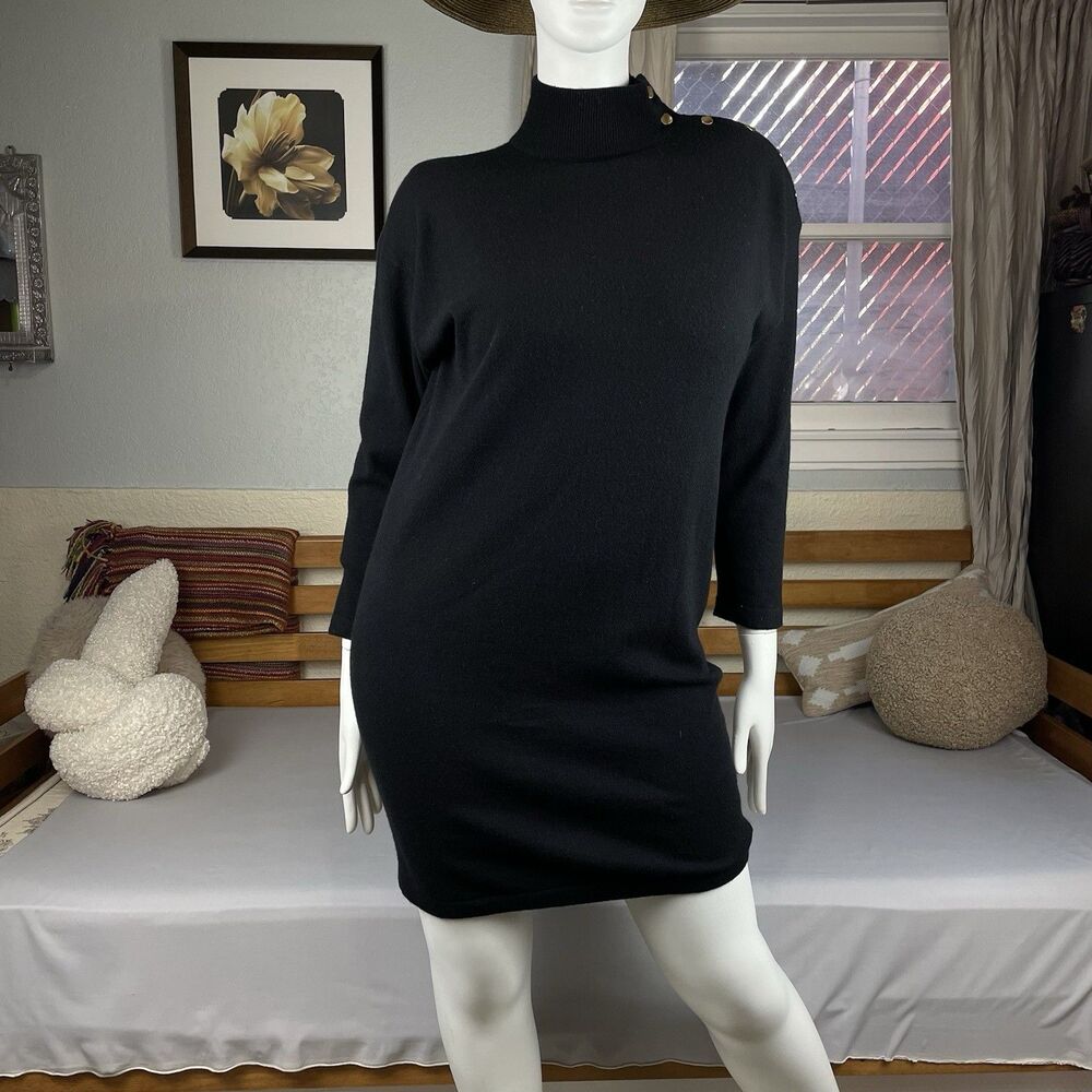 Bloomingdale’s Cashmere Turtle Neck Sweater Dress Women's M Black Gold Corpcore